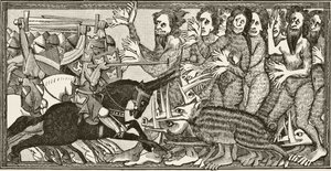 Wie Alexander im Kampf mit Schweinen mit großen Zähnen von einer Elle Länge und mit Männern und Frauen mit sechs Händen kämpfte, aus 